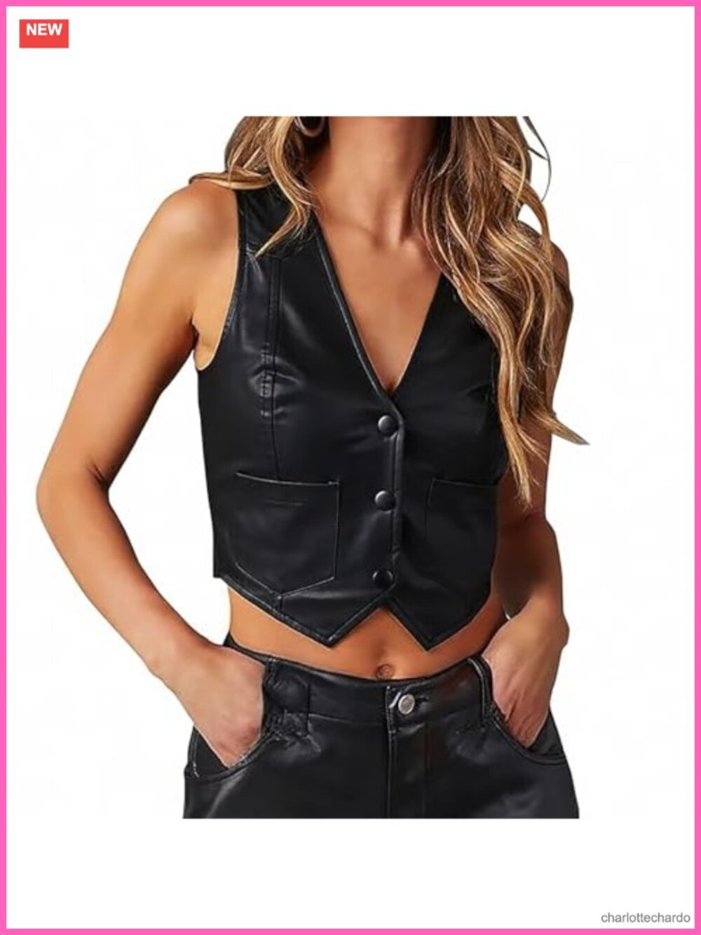 Faux Leather Cropped Vest V Neck Button Up Sleeveless Waistcoat